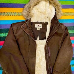 Woolrich Faux Fur Lined Brown Denim Hooded
Jacket Women's Sz large Full Zip